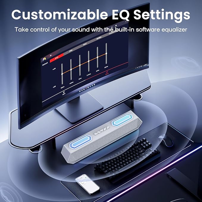 Deeyaple Computer Speakers, 40W Wireless Soundbar for Desktop PC with Bluetooth 5.3 & USB Audio, Dynamic RGB Lighting, Software Custom EQ, External Power Adapter Gaming Speakers, Laptop, Xbox (White)