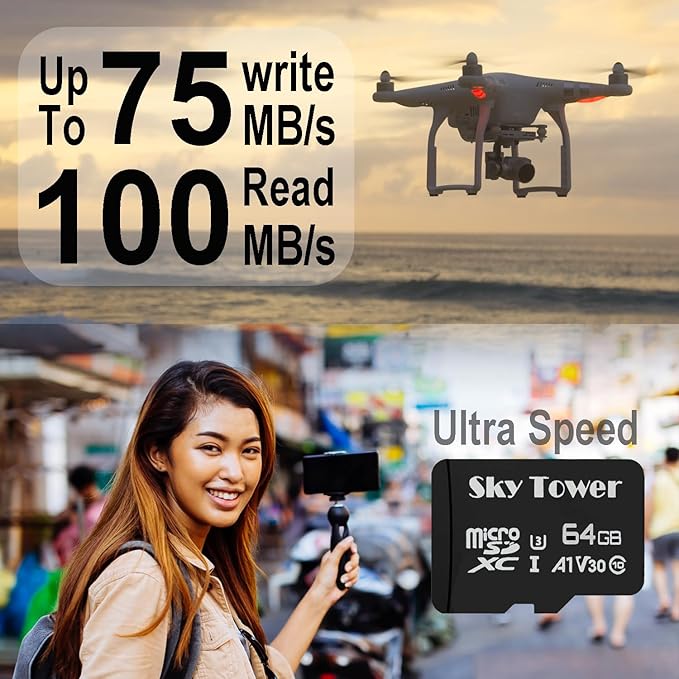 Sky Tower Ultra microSDXC microSDHC UHS-I Memory Card with Adapter [New Version] Flash Memory Card - Up to 100MB/s, U1, Class10, V10, A1, High Speed TF Card (64GB Micro SD Card 2 Pack)