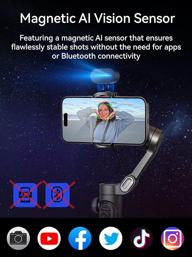 Gimbal Stabilizer for Smartphone with AI Tracking Sensor, Gimbal with Focus Wheel for Phone/Android, Phone Stabilizer with 7.0 Anti-Shake for Video Recording-Smart XE AI