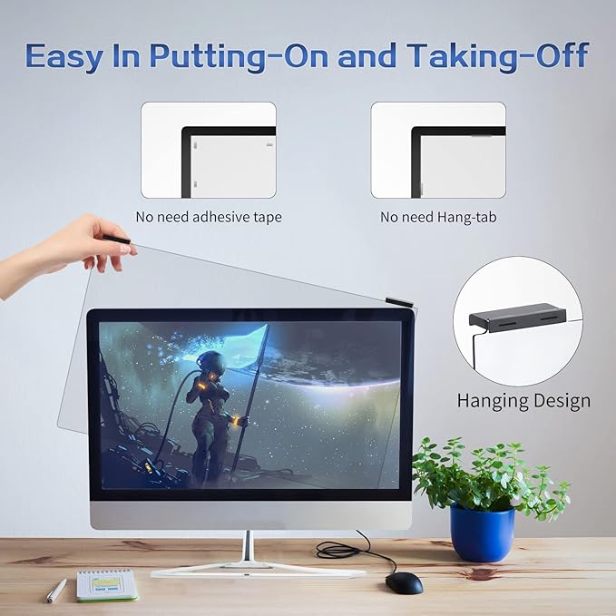 Computer Privacy Screen Filter 24 Inch, 9H Hardness Hanging Computer Screen Privacy Shield Compatible with 23.6,23.8 inch for 16:9 Widescreen Monitor, Eye Protection and Blue Light Blocks