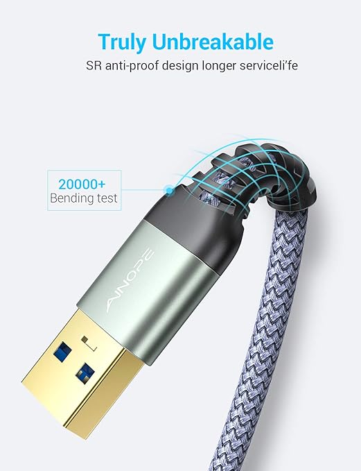 AINOPE 2 Pack USB Extensions Cable High Speed USB 3.0 Extension Cord Type A Male to Female Sturdy Braided Material Fast Data Transfer Compatible with USB Keyboard,Mouse,Flash Drive,Grey,3.3FT+6.6FT