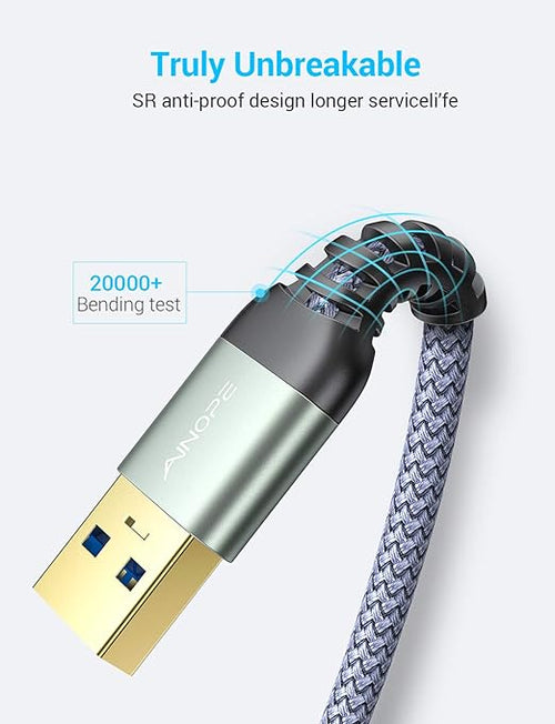 AINOPE 2 Pack USB Extensions Cable High Speed USB 3.0 Extension Cord Type A Male to Female Sturdy Braided Material Fast Data Transfer Compatible with USB Keyboard,Mouse,Flash Drive,Grey,3.3FT+6.6FT