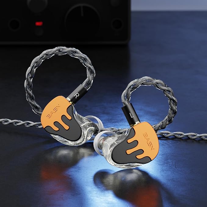 BASN BmasterX in Ear Audio Monitor, Hybrid 6 Drivers IEM Earphones with Crystal Clear Sound, Detachable Cable Plus Carrying Case & Fit Kit for Musician, Stage, Studio (3.5mm/4.4mm Jack, Orange/Black)