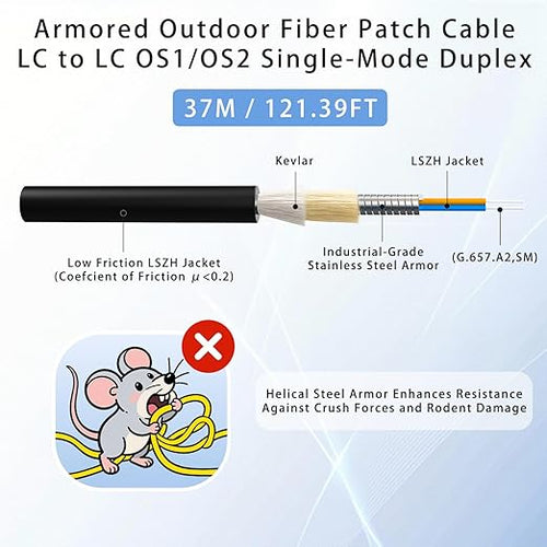 37M/121FT LC to LC Armored Outdoor Fiber Optic Cable, Single Mode Duplex 9/125μm SMF Fiber Patch Cord, OS1/OS2 Compatible, Black LSZH Jacket, Uniboot Jumper for FTTH, Data Center, Long-Distance Use