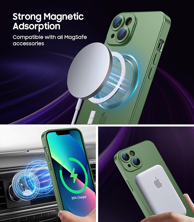 Magnetic for iPhone 13 Case [Compatible with MagSafe][Built-in Camera Lens Protector] Slim Soft Silicone Bumper Shockproof Metallic Luster Phone Case (Green)