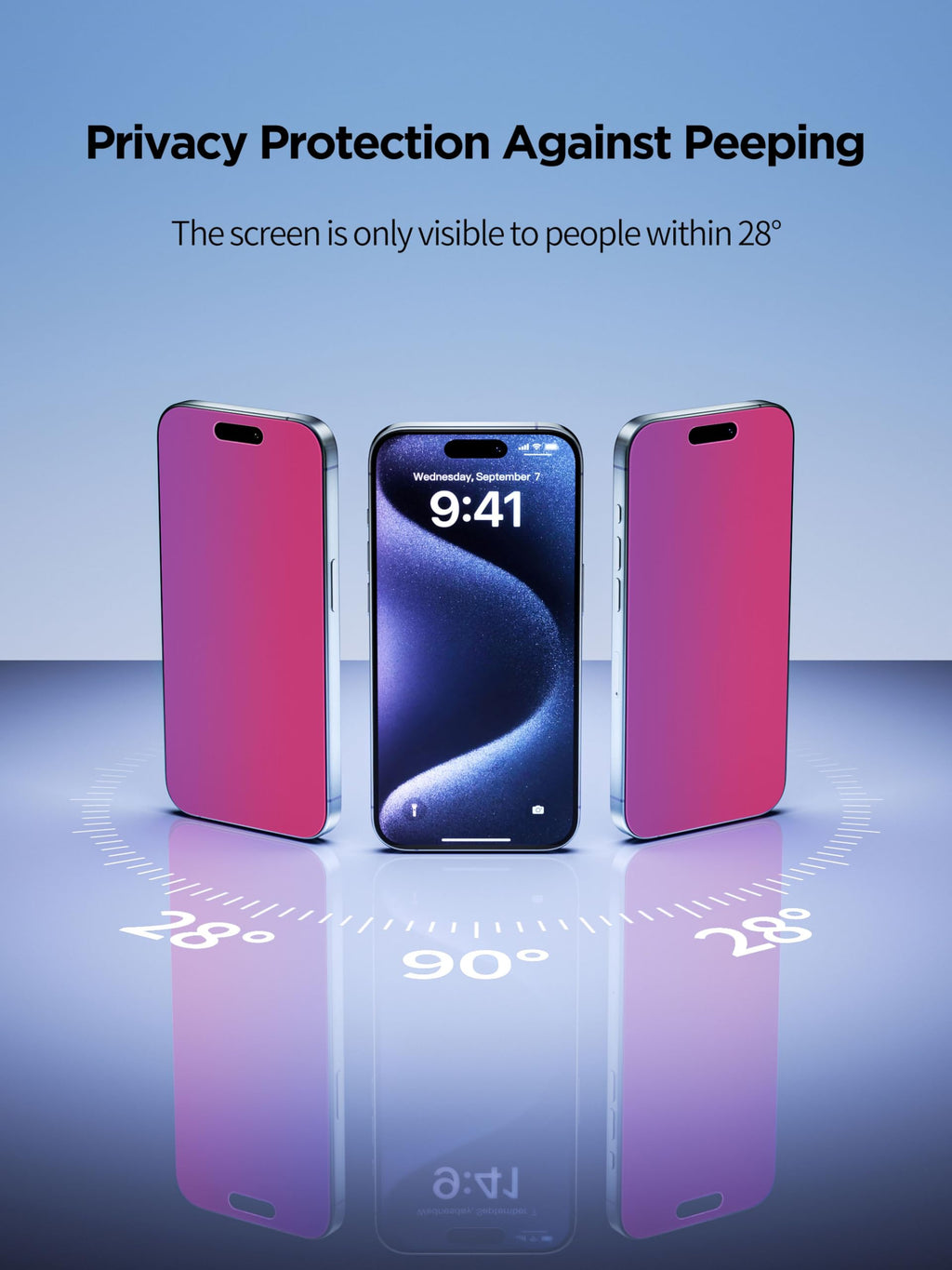 PDDKISS Compatible for iPhone 15 Pro Max Privacy Screen Protector Tempered Glass 6.7 Inch, Pink Gradient Anti Spy Anti Blue Light HD Easy Installation
