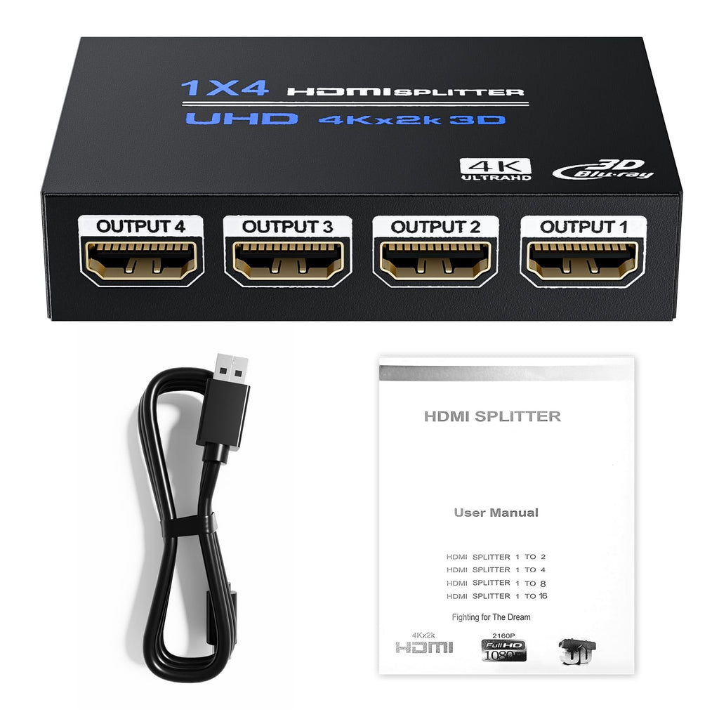 HDMI Splitter 1 in 4 Out 4K@30Hz, Powered 1x4 HDMI Video Splitter 4 Ports with Power Cord, Duplicate/Mirror Screen, Supports UltralHD 3D 1080P HDCP 1.4 for HDTV, STB, DVD, PS5/4/3, Projector, Etc