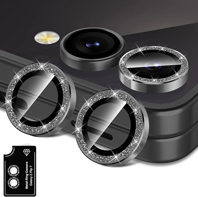 for Samsung Galaxy Z Flip 7 Camera Lens Protector, Individual Metal Ring Tempered Glass Lens Cover, [Strong Adsorption] Scratch Resistant Ultra-Thin HD Clear Lens Cover, 1 Set-Black Sparkly
