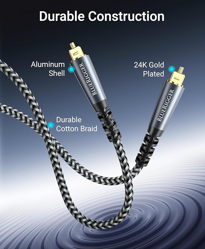 BlueRigger Digital Optical Audio Cable (15FT, Toslink Cable for Soundbar, Braided Fiber Optic, S/PDIF, Metal Shell) - Compatible with HomeTheatre, TV, Game Console (PS4, Xbox), DVR