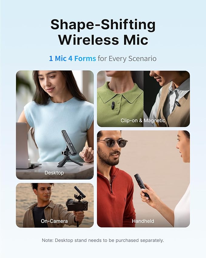 BOYA Magic Wireless Mini Microphones for iPhone/Android/PC/Camera, 4 Form-in-1 Mic, 7g Lightweight,AI Noise Reduction, 48kHz/24bit,APP Control, 328ft Range,Microphone for Recording(Stand not included)