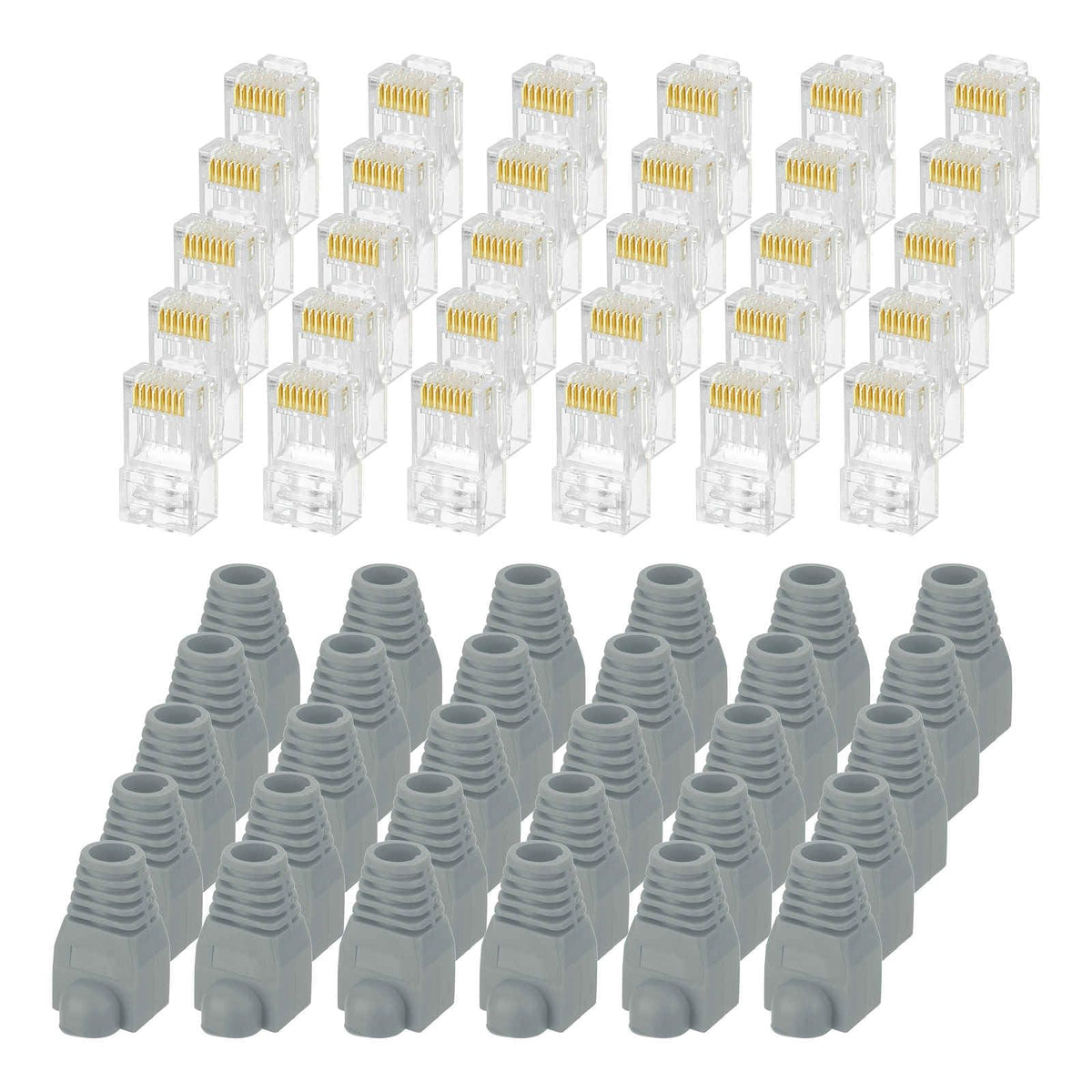 MECCANIXITY 30pcs Cat6 RJ45 Pass Through Connectors, RJ45 Connector 8P8C Gold Plated Plugs with 30pcs White Strain Relief Boots for Solid or Stranded UTP Ethernet Cable, 1.1mm