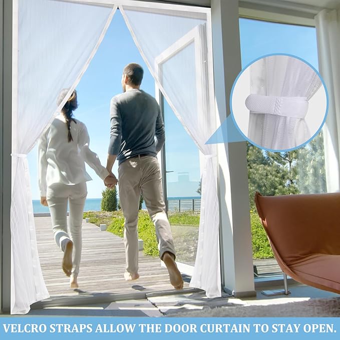 Magnetic Screen Door - Self Sealing, Heavy Duty, Hands Free Mesh Partition Keeps Bugs Out Let Breeze in- Pet and Kid Friendly - Keep Open Feature (White, Fit Door Size 36 x 96 Inch)