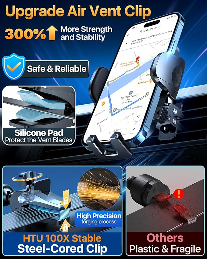 HTU [True Military-Grade] 2025 Upgraded Car Phone Holder 【Safety Certs & No Smell】 Cell Phone Holder for Car Mount for Dashboard Windshield Air Vent Long Arm Thick Case,Red