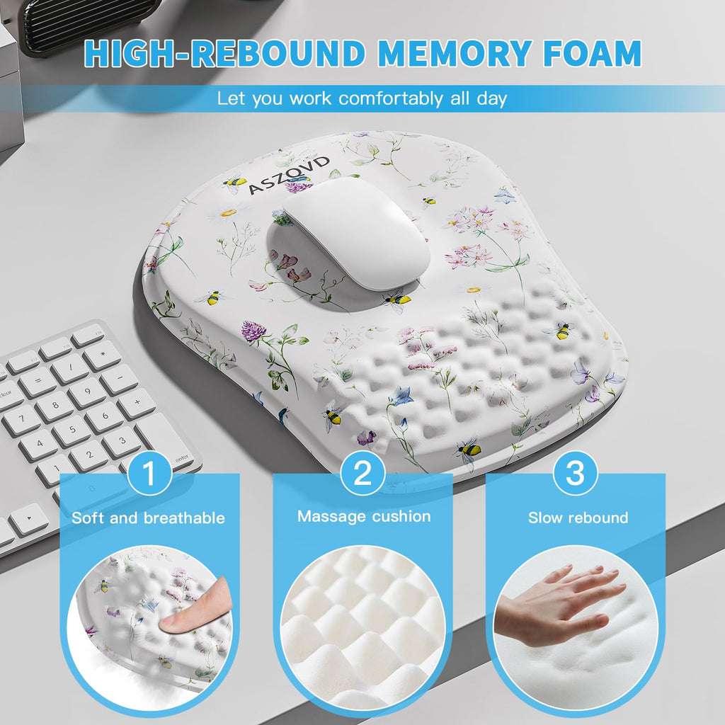 Aszqvd Mouse Pad with Wrist Rest, Ergonomic Mousepads with Wrist Support, Soft Lycra Fabric Memory Foam Office Desk Accessories for Comfort/Pain Relief/PC Gaming/Computer/Laptop (White Wild Plant)
