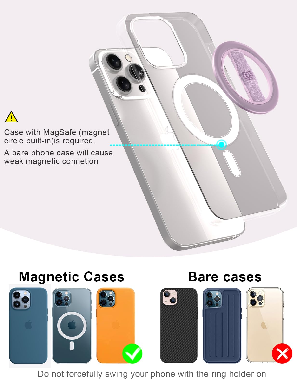 EWA MagOne Lite 3rd Gen Cell Phone Ring Holder, with Replaceable 360° Rotation Elastic Finger Strap, Phone Grip Compatible with,15,14,13 Pro/Max/Plus-(Purple)