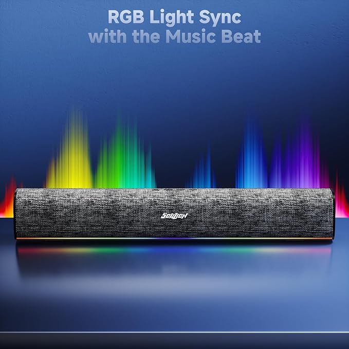 SOULION R100 Plus Computer Speakers with Dynamic RGB Light, Rechargeable Bluetooth Speaker with Switch Button, Clearly Sound Soundbar for Desktop Monitor, PC, Tablets(3.5mm Aux Connection Included)