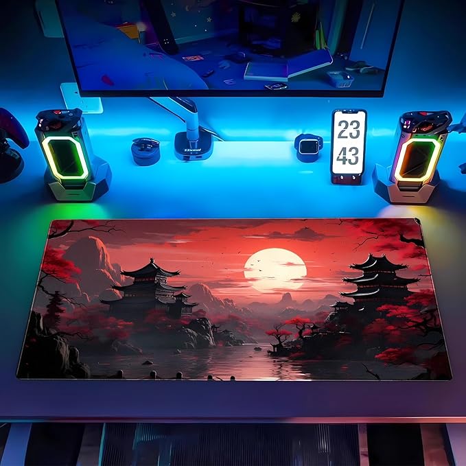 Red and Black Mouse Pad Japanese Desk Mat Gaming Mousepad Extended Large Mouse Pad for Desk 31.5''X15.7'' Red Full Moon Sakura Desk Pad Mat Laptop Computer Mouse Keyboard Mat for Office Desk Decor