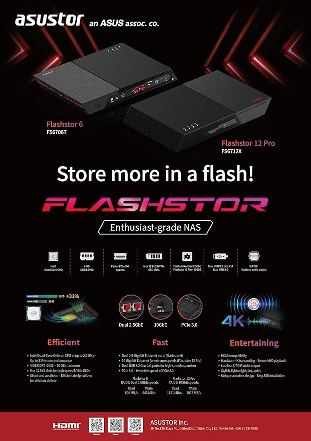 Asustor Flashstor 12 Pro FS6712X - 12 Bay Pure M.2 SSD NAS Network Storage Enclosure, Quad-Core 2.0GHz, 12 M.2 SSD Slots, 10GbE Port, 4GB RAM DDR4 (Diskless)