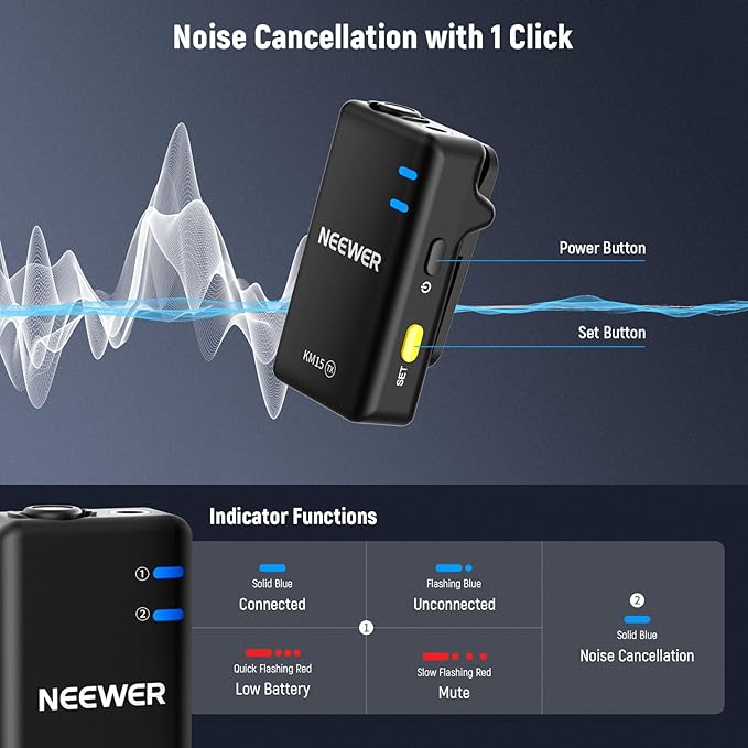 NEEWER KM15 Wireless Lavalier Microphone System Compatible with iPhone Android Phone PC Computer, Mini USB C Noise Cancelling Lapel Mic, 300m Range 48KHz/24Bit 9H Battery for Video Recording Streaming