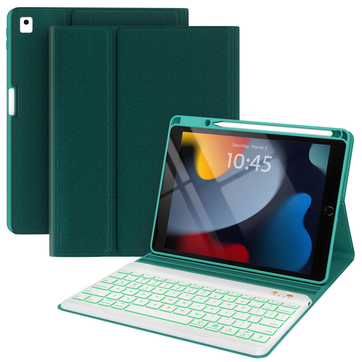 iPad 7th/8th/9th Generation Case with Keyboard 10.2-inch 2019/2020/2021, iPad Air 3rd/Pro 10.5-inch 2017 Compatible, 7 Color Backlit Keyboard BT/Wireless/Detachable with Pencil Holder (Mint Green)