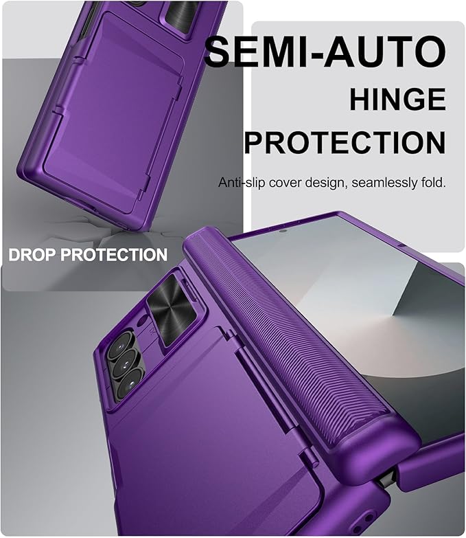 SIXBOX for Samsung Galaxy Z Fold 6 Case with Card Holder & Belt Clip & Slide Lens Cover, Built-in Hinge Protection & Screen Protector, Durable Wallet Phone Cover Case for Z Fold 6 5G 2024, Dark Purple