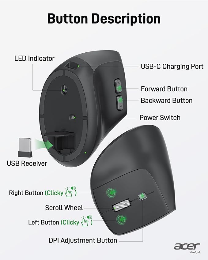 acer Ergonomic Mouse Wireless, Adjustable DPI Vertical Mouse 1000/1200/1600 with 6 Buttons, Rechargeable Ergo Mice with 2.4GHz USB Receiver for Computer, Laptop, PC, iMac and Desktop