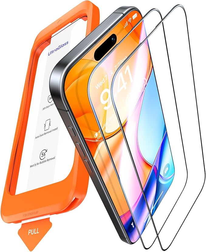 UltraGlass UNBREAK Top 9H+ Glass for iPhone 15 Pro Screen Protector [No.1 Military Grade Shatterproof & Longest Durable] Screen Protector 15 Pro Tempered Glass Full Coverage Easy Installation, 2 Pack