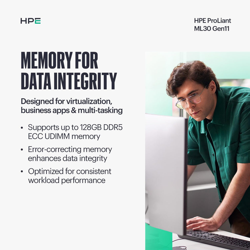 Hewlett Packard Enterprise ProLiant ML30 Gen11 Tower Server w/one Inte Xeon 6315P Processor, 2.8GHz, 4c 1P 1x16GB-U 4LFF-NHP 2x1TB HDD 1x350W PS (HPE Smart Choice P83315-005)