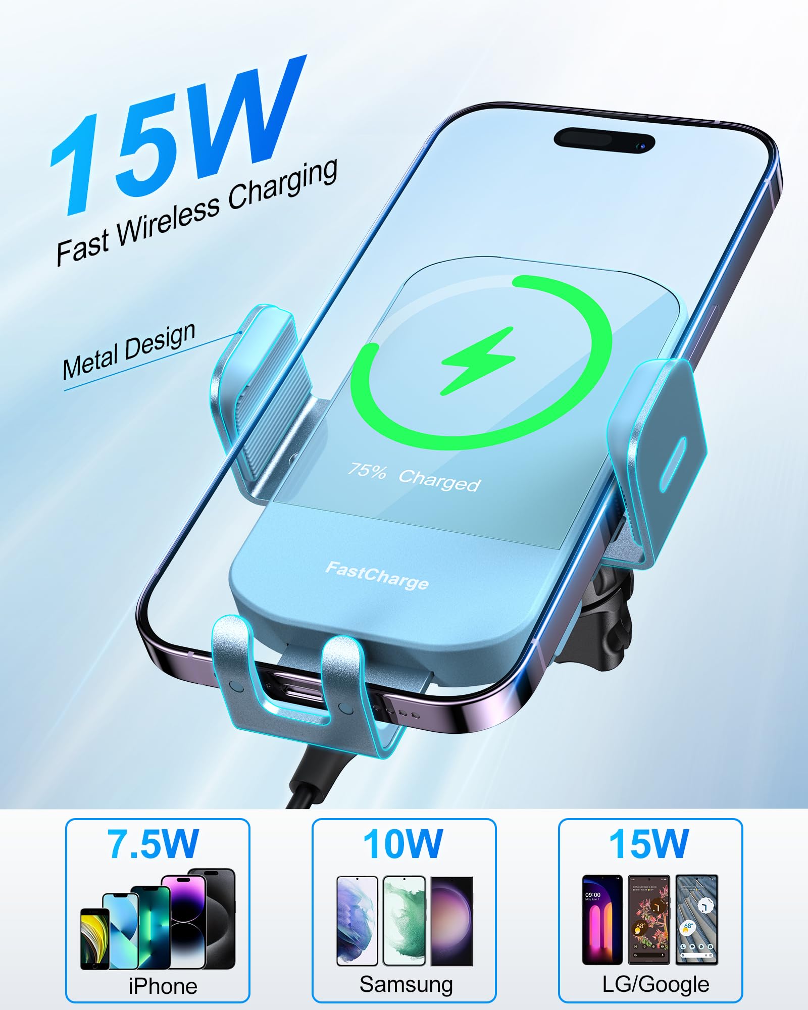 CHGeek Wireless Car Charger, 15W Fast Charging Auto Clamping Car Charger Phone Mount Phone Holder fit for iPhone 15 14 13 12 11 Pro Max Xs, Samsung Galaxy S24 Ultra S23 S22 S21, S20, S10+, Cyan
