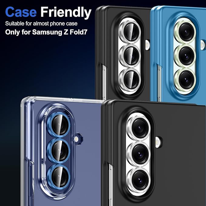 for Samsung Galaxy Z Fold 7 Camera Lens Protector, Individual Metal Ring Tempered Glass Lens Cover, [Strong Adsorption] Scratch Resistant Ultra-Thin HD Clear Lens Cover, 1 Set-Deep Blue