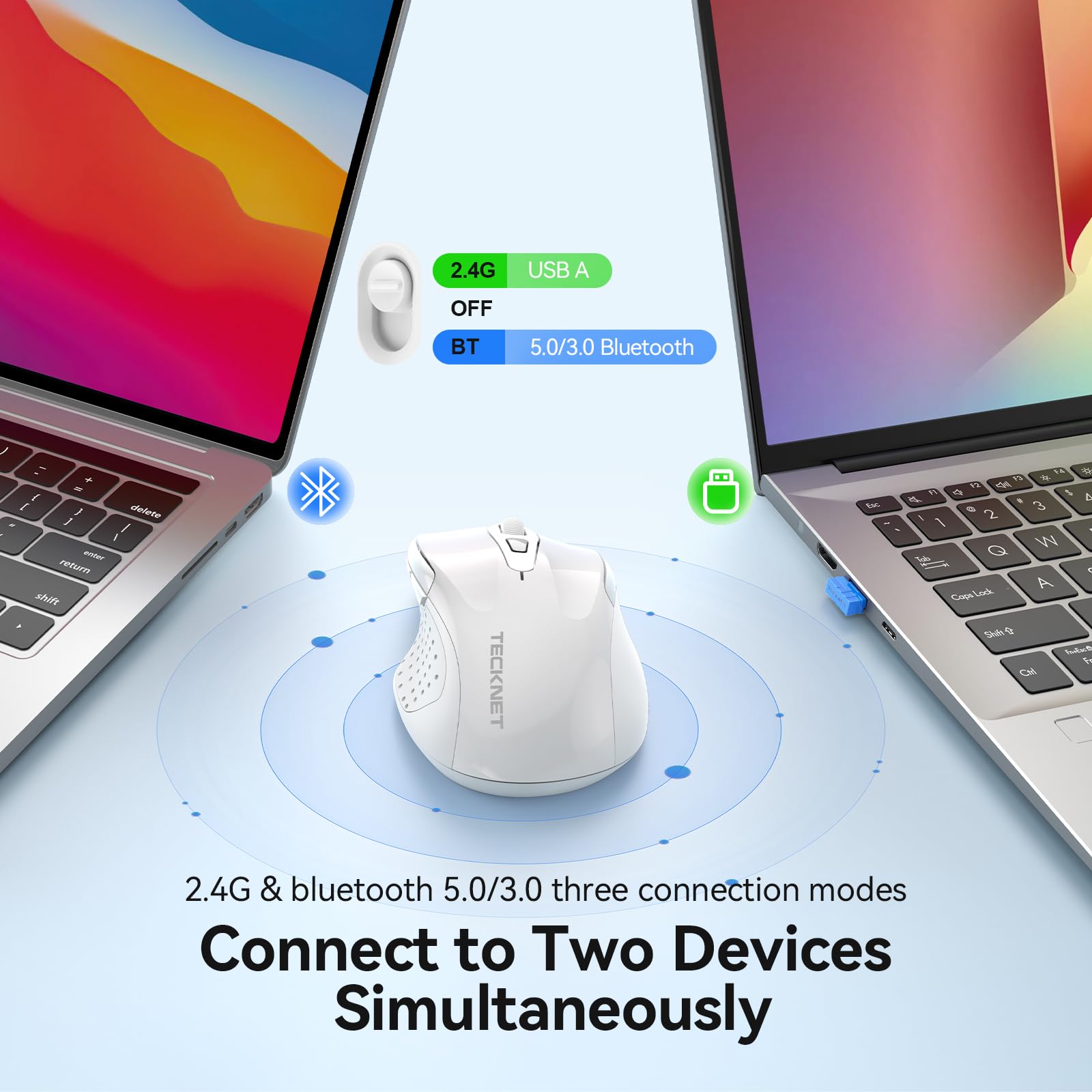 TECKNET Rechargeable Jiggler Wireless Mouse, Dual-Mode Connectivity, White