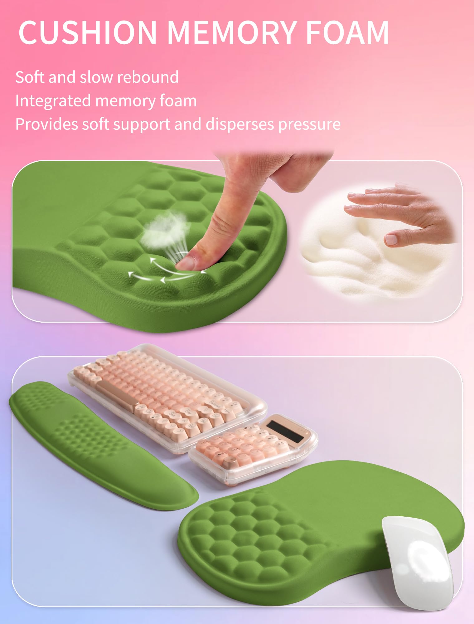 Hokafenle 2in1 Combination, Wave Keyboard Wrist Rest and Ergonomic Curvature Mouse Pad Wrist Support for Relieve Wrist Pain, Filled with Soft Cushion Memory Foam, Dill Green