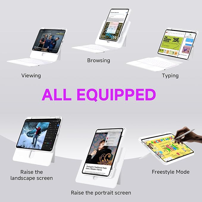 ONLY fit for 2024 M4 iPad Pro 11 inch Case with Keyboard Detachable Magic Keyboard Trackpad, 360 Rotating Cover with Pencil Holder Multi Angle Stand, 12 Shortcut Key, 7 Color Backlit, White
