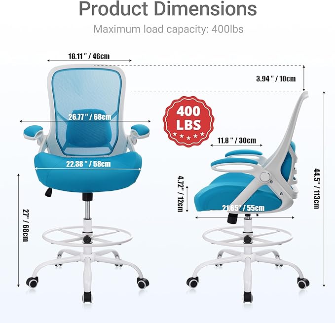 HYLONE 400lbs Heavy Duty Drafting Chair 5" Thickened Seat Office Chair with Flip-Up Armrests Tall Ergonomic Computer Chair with Lumbar Support and Adjustable Footrest Ring Standing Desk Chair (Blue)
