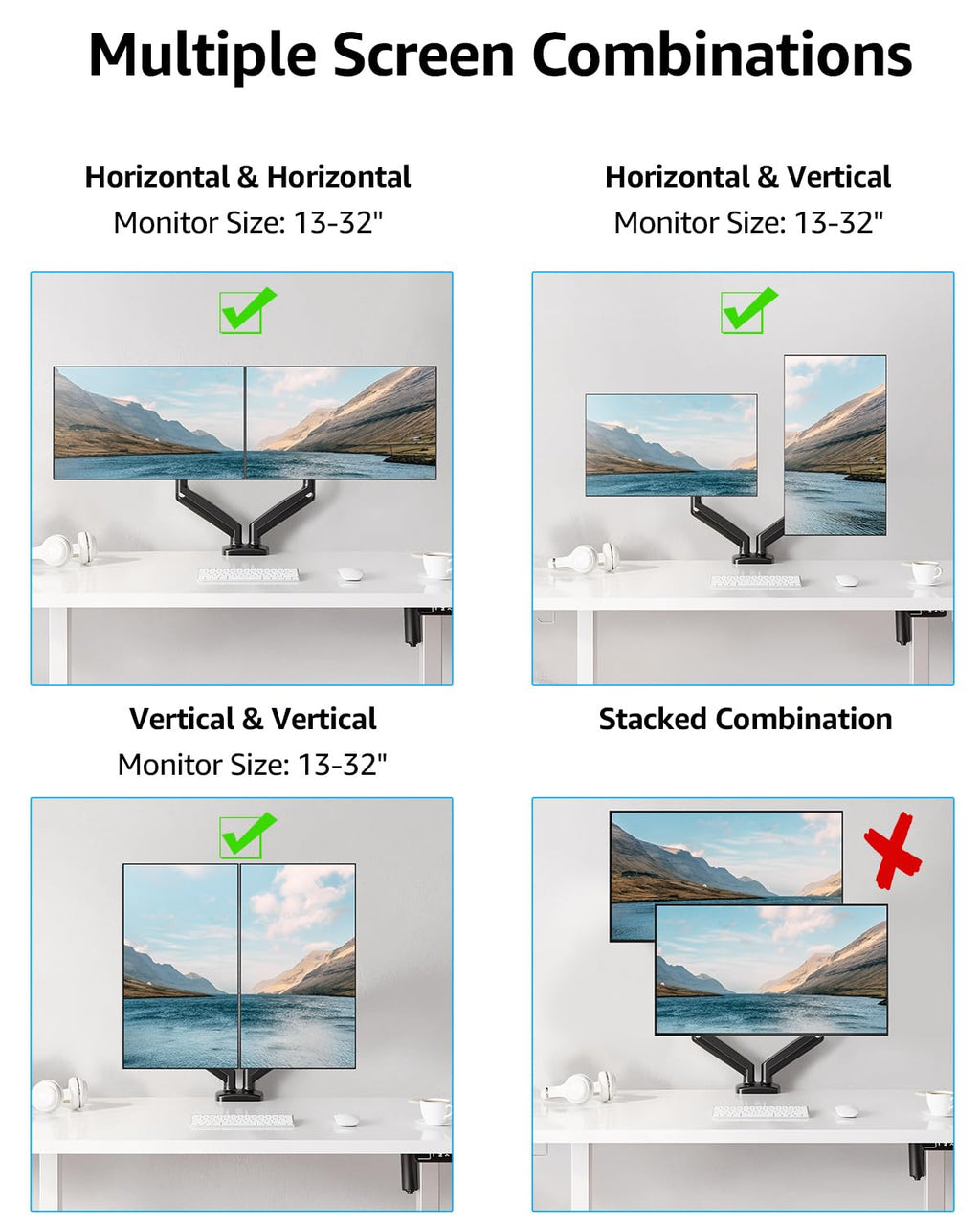 MOUNTUP Dual Monitor Stand for Desk, Monitor Arms for 2 Monitors 32 27 24 22 Inches, Height Adjustable Double Monitor Mount, VESA Mount with C-Clamp & Grommet Base, Holds 4.4-17.6lbs