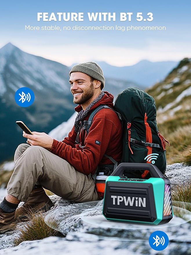 Speakers Bluetooth Wireless - Portable Speaker 80W Peak, IPX6 Waterproof, Loud Speaker with Light Show, Strong Bass, BT 5.3, TWS, 20H Playtime for Home Outdoor Beach Camping - Teal