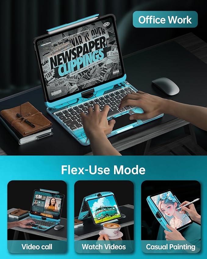 Intermerge Clear Keyboard Case for iPad Pro 11" (M4) 2024 Only, 360° Swivel Multi-Touch Trackpad, 7-Color RGB Backlit, Pencil Holder, Type-C, Power Indicator, Aqua Pulse
