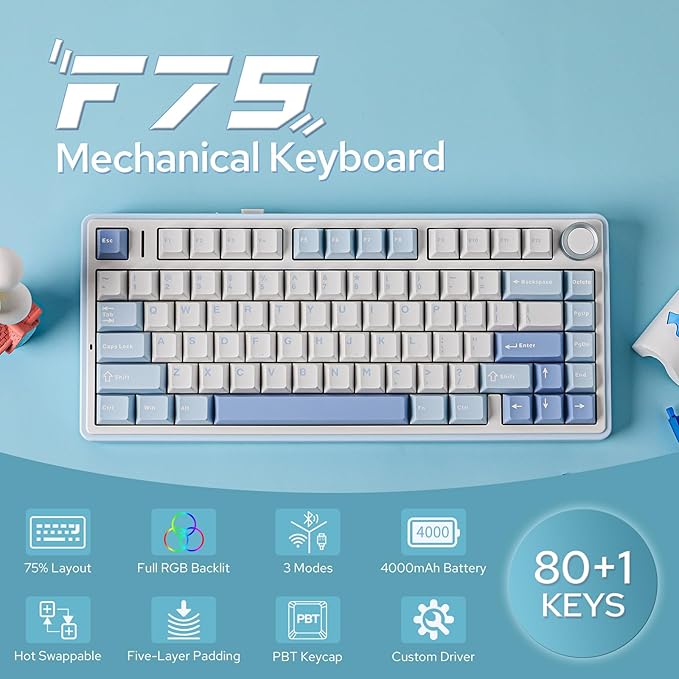 EPOMAKER x Aula F75 Gasket Mechanical Keyboard, 75% Wireless Hot Swappable Gaming Keyboard with Five-Layer Padding&Knob, Bluetooth/2.4GHz/USB-C, RGB (Sea Salt Blue, Ice Vein Switch)