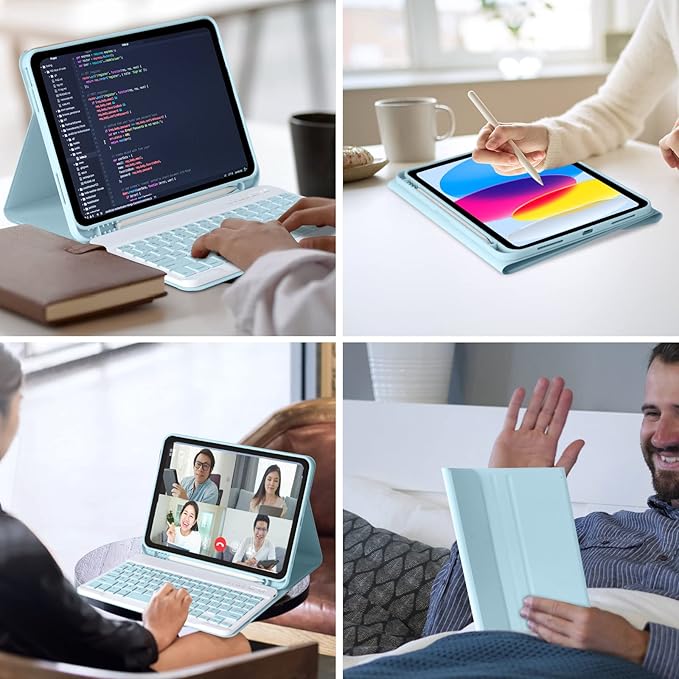 MMK iPad A16 Case (2025, 11"), iPad 10th Generation Case with Keyboard (2022, 10.9"), Wireless Detachable Keyboard, Pencil Holder (Blue)