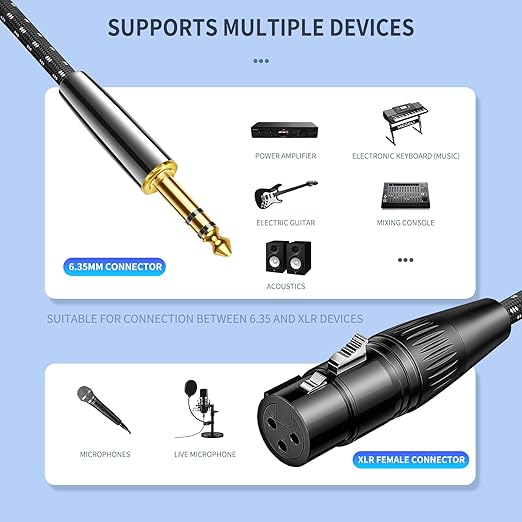 Kumiho XLR Female to 1/4 Inch 6.35mm TRS Stereo Cable Hi-Fi Balanced Bi-Shielded Interconnect Patch Cables for Microphones, Amplifiers, Mixers, Speakers 15FT