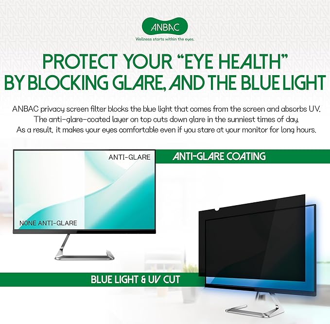 24 Inch Desktop Privacy Screen Shield for 16:9 Wide Monitor - Anti Glare Computer Privacy Screen Cover | Blue Light Blocking Screen Protector | Scratch Resistant UV Filter | Attachment Type