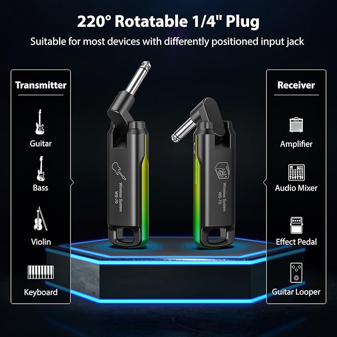 LEKATO Wireless Guitar System UHF Wireless Guitar Transmitter Receiver Rechargeable Audio Wireless Guitar Transmitter and Receiver with 70 Channels Wireless for Guitar Bass Electric Instruments-Green