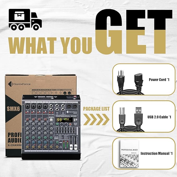 6 Channel Audio Mixer Sound Board Console System 99 DSP DJ Mixer 48V Phantom for Karaoke DJ Studio Streaming Recording