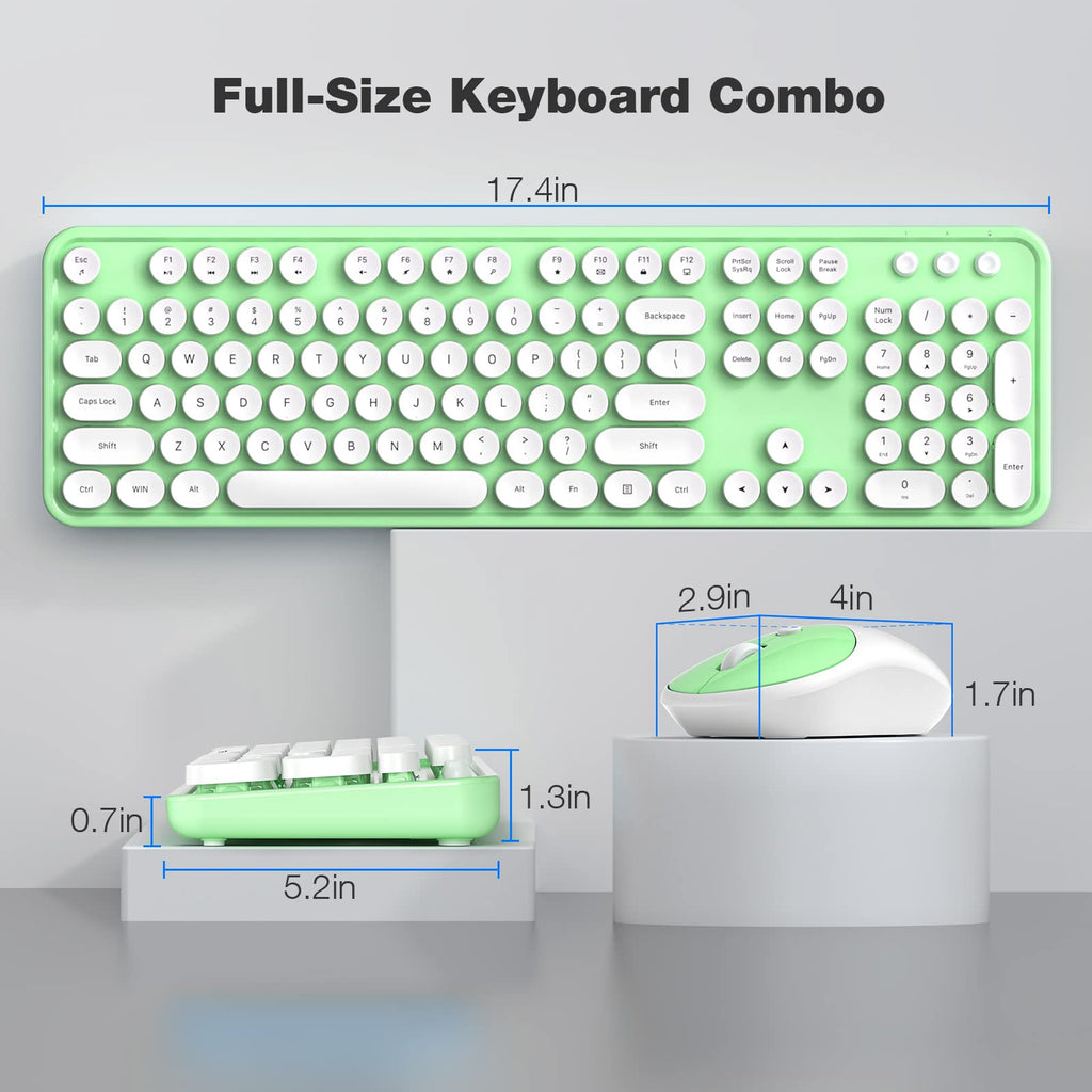 KNOWSQT Wireless Keyboard and Mouse Combo - White-Green Full-Sized 2.4 GHz 104 Keys Typewriter Keyboard, Flexible Round Keycap and Optical Mouse for Windows, Computer, PC, Laptop, Desktop, Mac