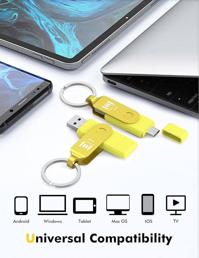 MOSDART 128GB USB3.1 Fast Speed C and A Dual Flash Drive, exFAT Memory Stick with Keychain and LED Indicator, for iPhone 15 and 16, Android Phone, iPad, MacBook, and Other Laptops,Yellow