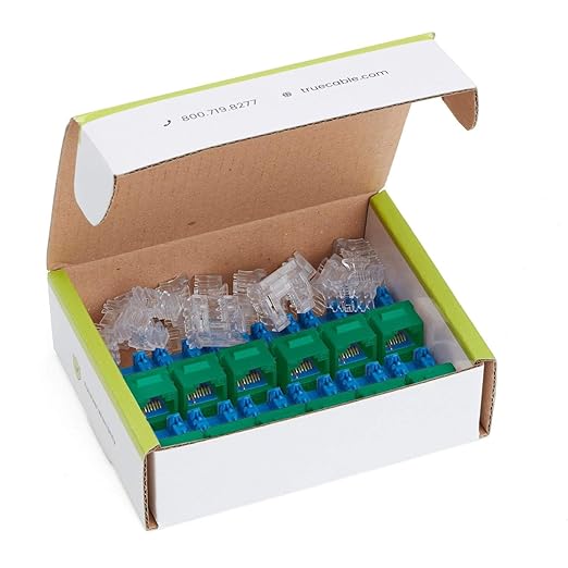 trueCABLE Cat5e Keystone Jack, Unshielded (UTP), 90 Degree Punch-Down, PoE++ (4PPoE) 100W, UL Listed, ETL Verified, ANSI/TIA Certified, Modular RJ45 Female, Green, 12 Pack