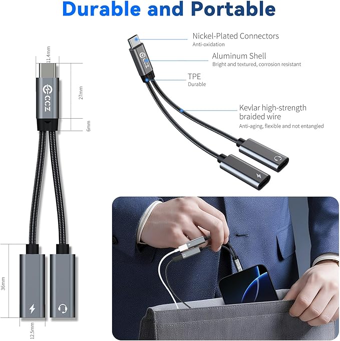 3PCS USB C Headphone Splitter,CCZ CA01 USB C to Type C Headphone Jack and Charger Adapter, 1 in 2 out Dongle Hi-Res DAC Audio Cable with PD 60W Fast Charging for Samsung Galaxy S25 S24 S23 (USBC-USBC)