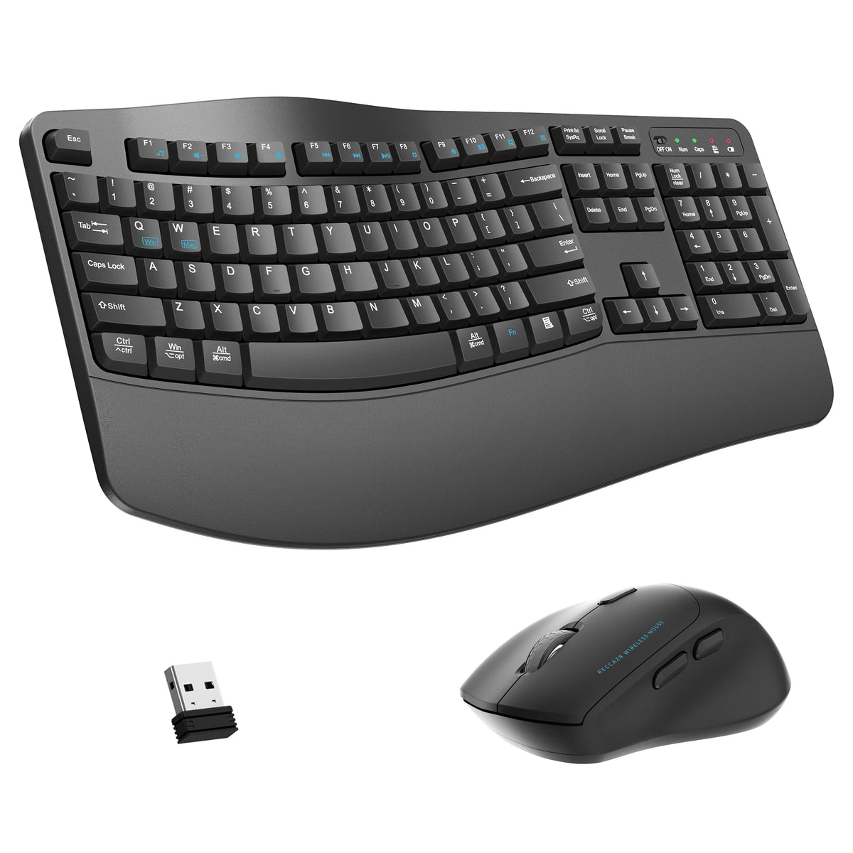 Wireless Keyboard and Mouse Combo,2.4G Full Size Wave Keys Ergonomic Keyboard with Wrist Rest for Natural Typing, 3 DPI Adjustable Ergonomic Silent Mouse for Computer/Laptop/Windows/Mac (Black)