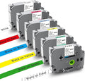 UNOKA Ptouch Label Maker Refills, Replace for Brother Tze Tz Tape 12mm 0.47 Laminated Color(White/Clear/Red/Blue/Yellow/Green) for PTD220 PT-D210 PTH110, School Supplies, 1/2" x 26.2', 6PK