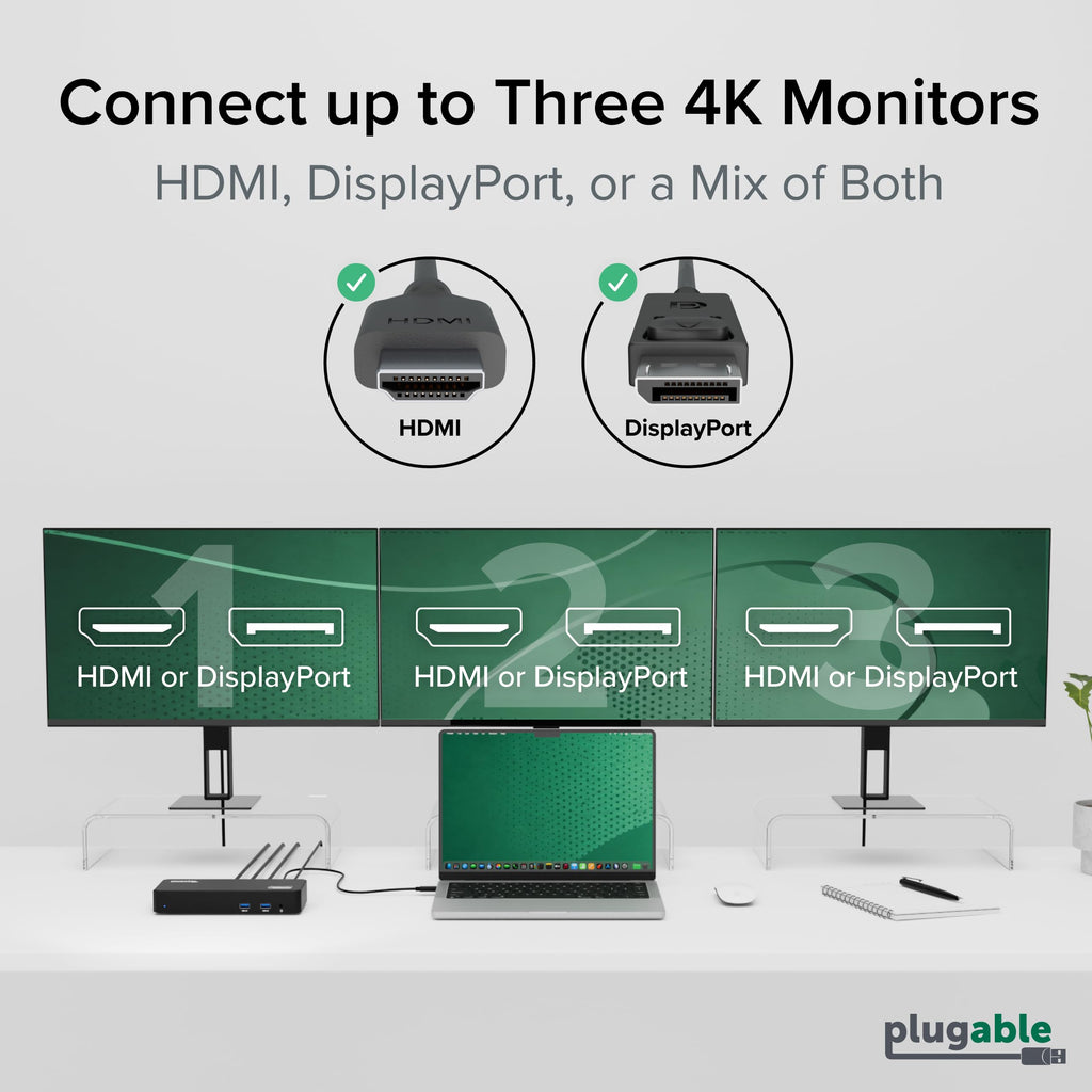 Plugable 12-in-1 USB C Triple 4K Docking Station, Three Displays with 3X HDMI or DisplayPort, Compatible with Mac M1 - M5 & Neo, Windows, Thunderbolt, USB4, USB-C (100W PD, 6X USB Ports, Ethernet)